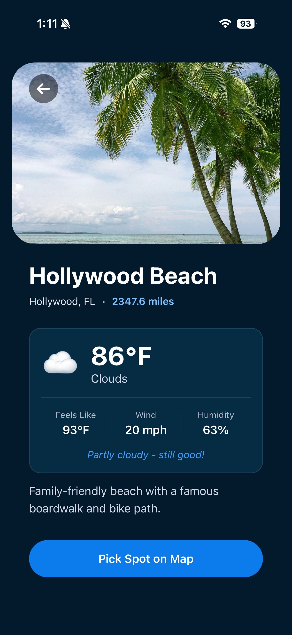 Boujee Beachin app showing Hollywood Beach details and weather