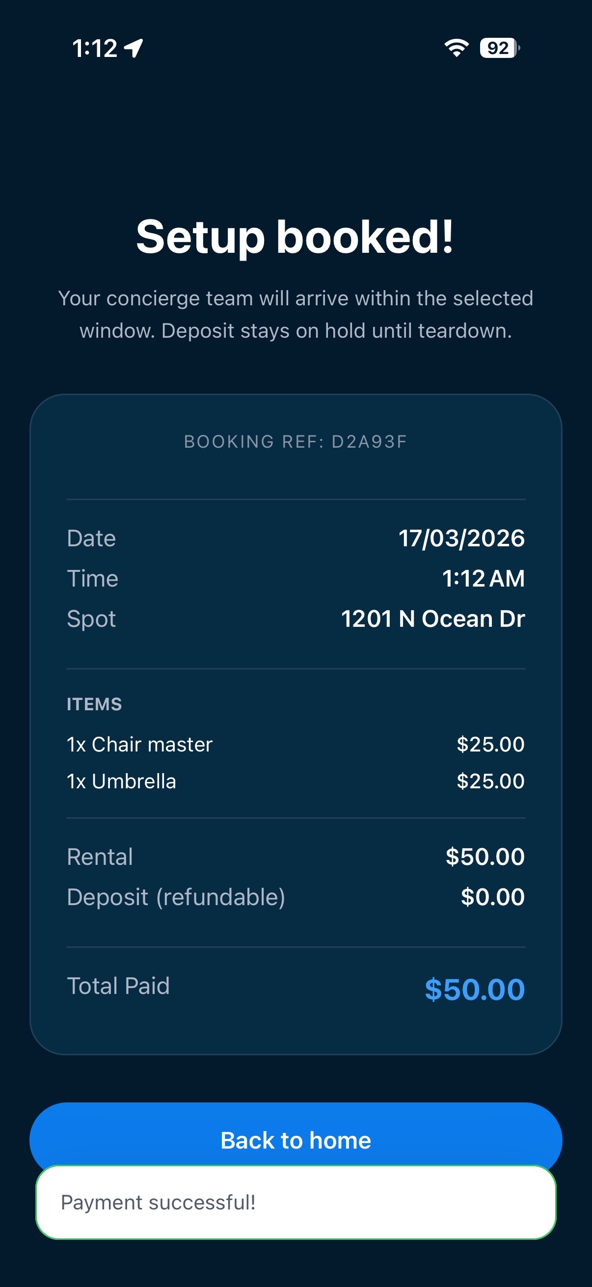 Boujee Beachin app booking confirmation screen