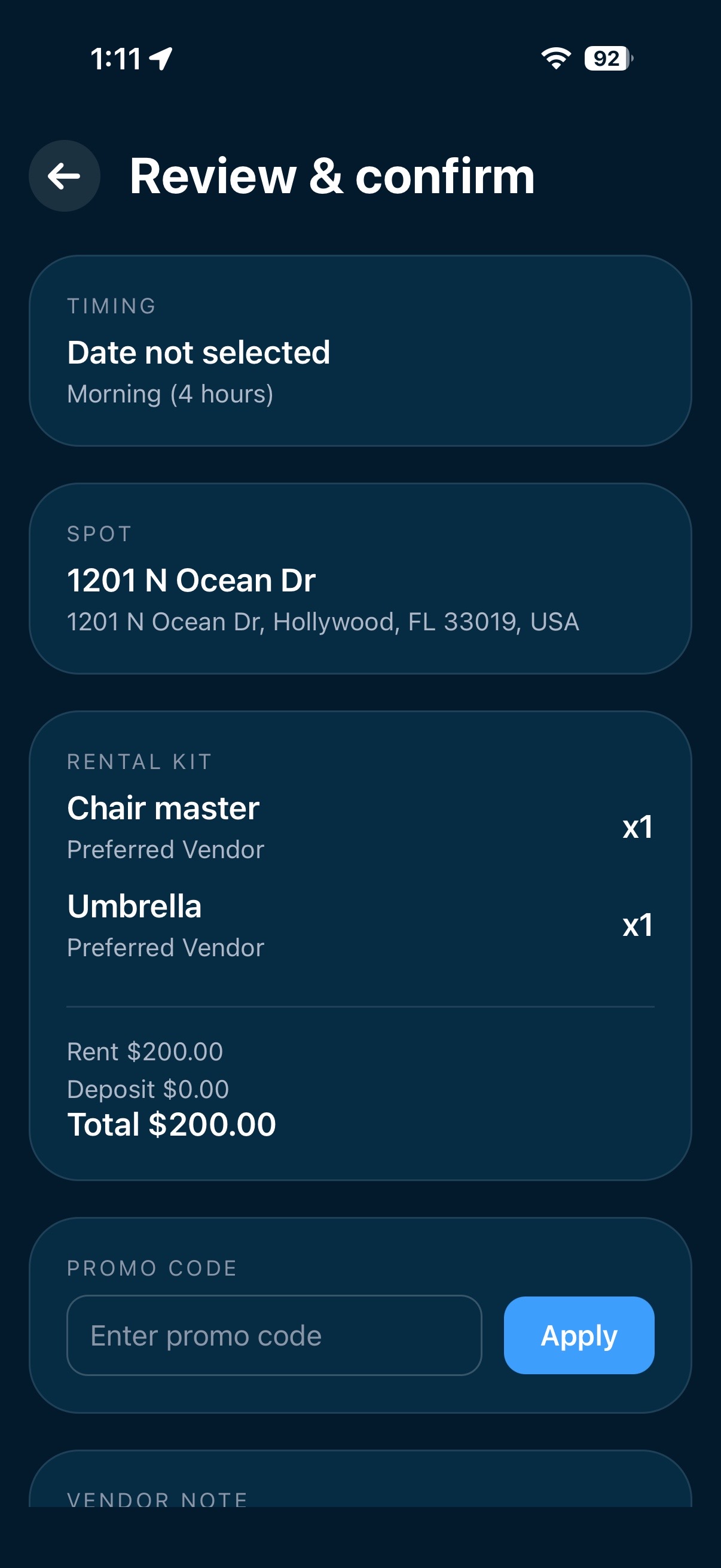Boujee Beachin review booking screen